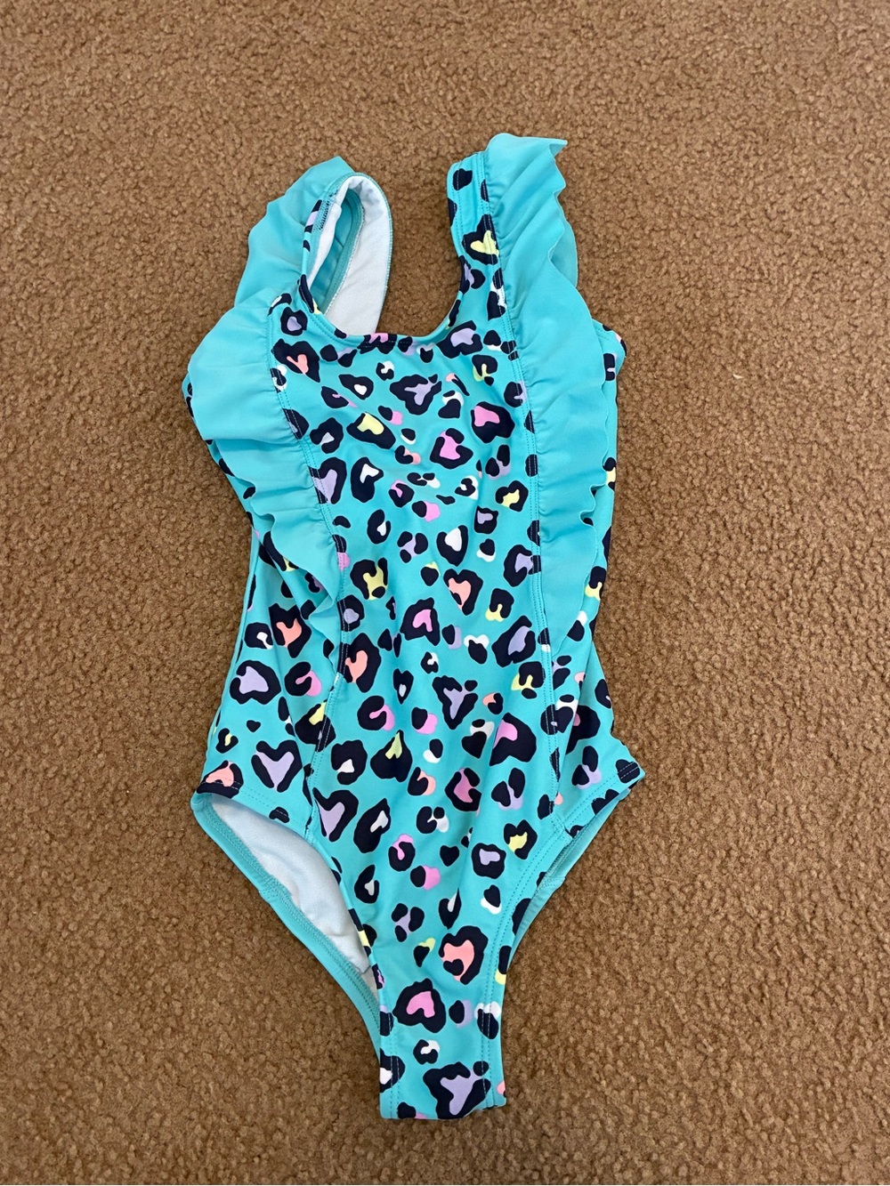 Kids Teal Leopard Ruffle One-Piece Swimsuit - Unbranded